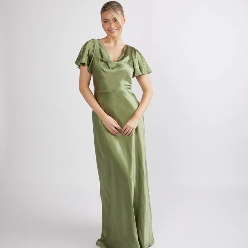 Bridesmaid Green Flutter Sleeve Cowl Neck Maxi Dress